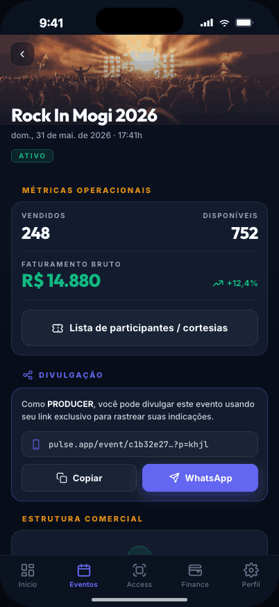 Dashboard do app Pulse Produtor com vendas em tempo real